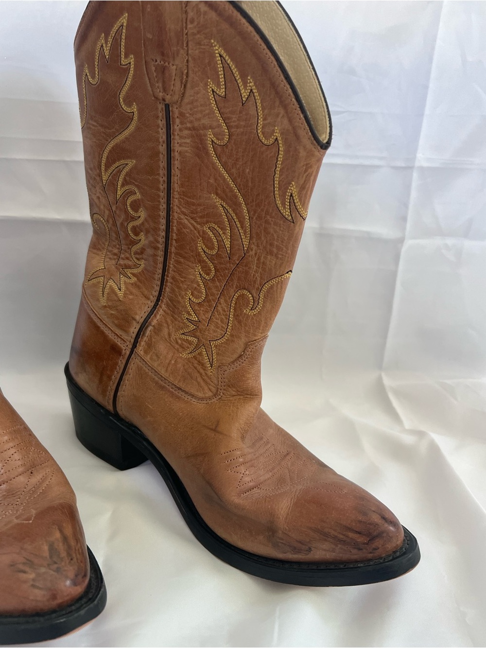 Old West Brown/Tan Leather Kids Western Boots - Picture 3 of 10